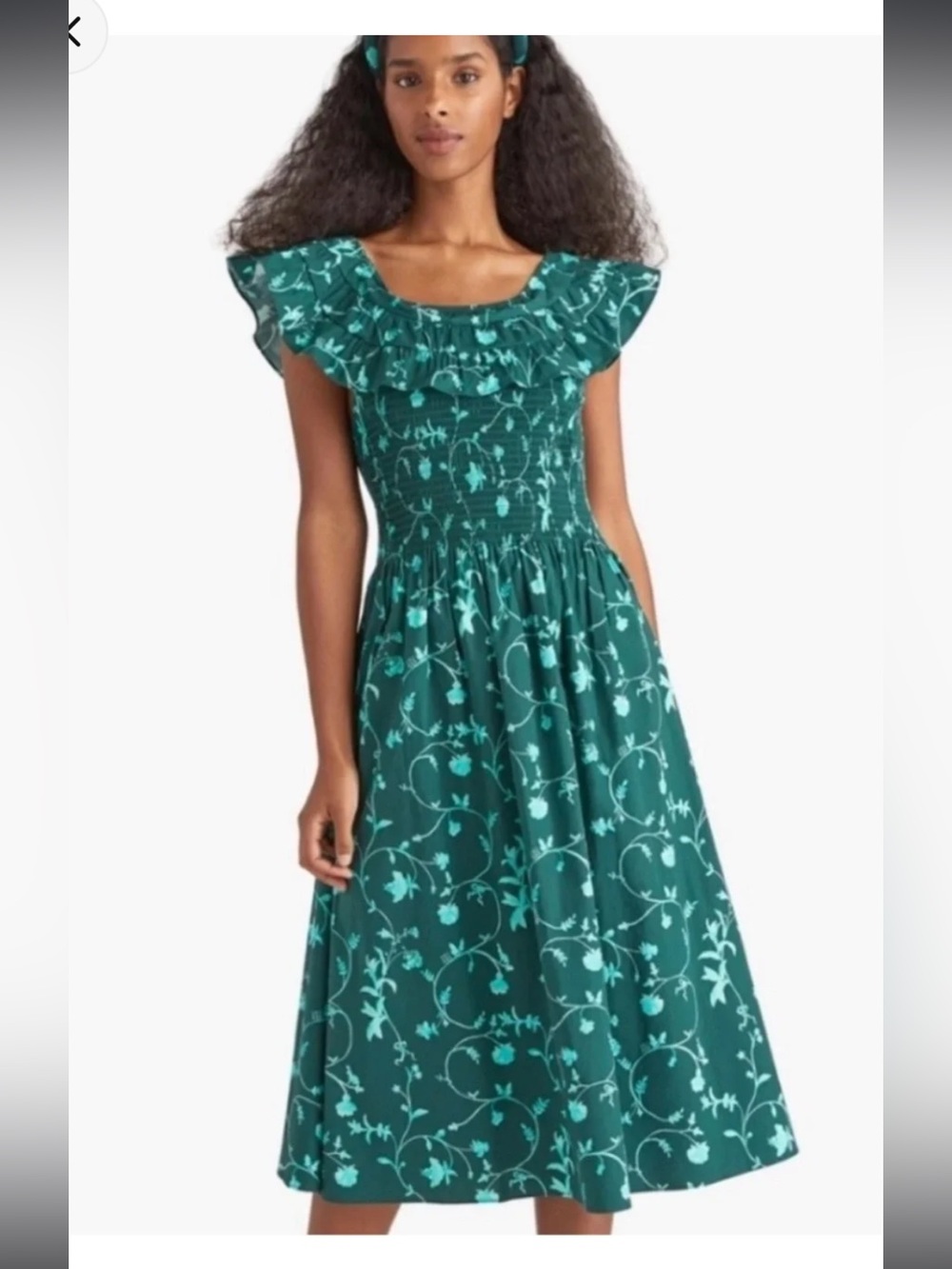 Hill House Nap Dress Smocked Ruffle Midi Dress in Teal Floral size XS
